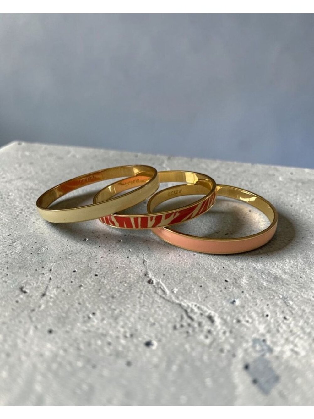 Lot Of 3 J Crew Enamel Bangle Bracelets Gold Peach Off White Coral Zebra Print